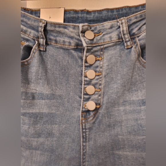 Womens Jeans Medium Blue Denim Flare Leg Button Fly Distressed Boot Cut Stretch - Picture 2 of 5